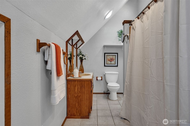 16318 128th Pl SE, Renton, WA 98058 - bathroom featuring vanity, tile patterned flooring, lofted ceiling, and a textured ceiling