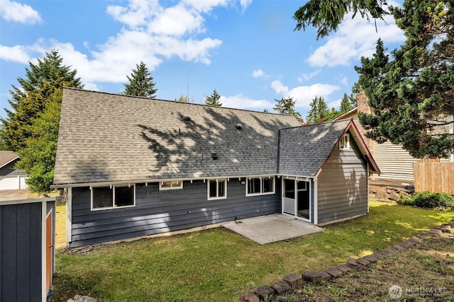 16318 128th Pl SE, Renton, WA 98058 - back of property featuring a patio area, a shingled roof, a lawn, and a shed