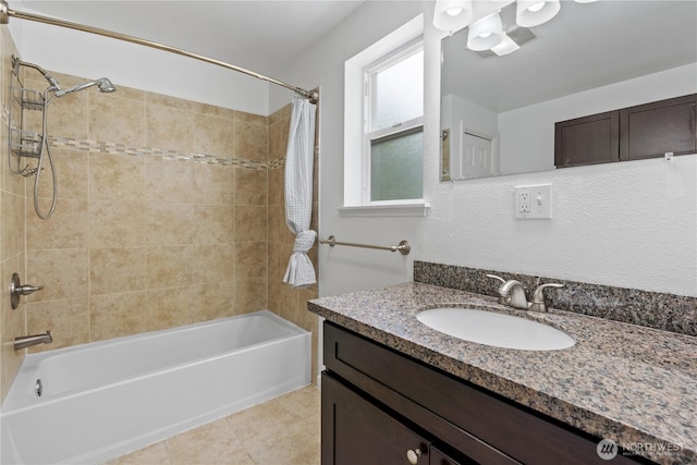 29319 132nd Ave E, Graham, WA 98338 - bathroom featuring shower / bathtub combination with curtain, vanity, and tile patterned flooring
