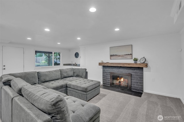 13102 16th Ave SW, Burien, WA 98146 - living room featuring recessed lighting, a brick fireplace, carpet floors, and bar with sink