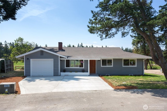 150 Sunland Dr, Sequim, WA 98382 - ranch-style home with a garage, driveway, a chimney, and roof with shingles