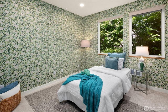 3626 1st Ave NW Unit A, Seattle, WA 98107 - bedroom featuring wallpapered walls, carpet floors, and recessed lighting