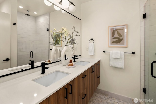 3626 1st Ave NW Unit A, Seattle, WA 98107 - full bathroom featuring a shower stall, double vanity, and recessed lighting