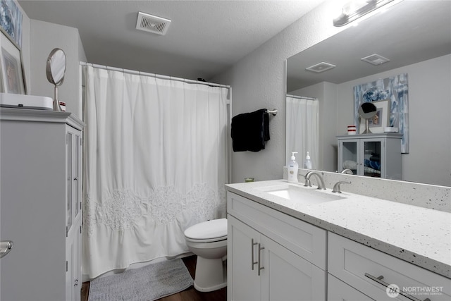 11108 Pilchuck Ct SE, Olympia, WA 98501 - bathroom featuring vanity, wood finished floors, a textured wall, and shower / tub combo