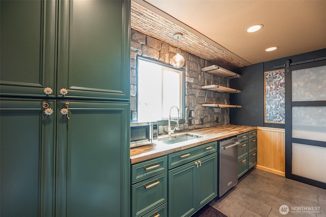 218 125th St S, Tacoma, WA 98444 - kitchen featuring butcher block counters, green cabinetry, appliances with stainless steel finishes, open shelves, and recessed lighting