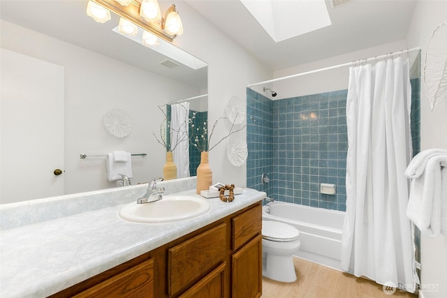 20039 99th Ct NE, Bothell, WA 98011 - full bathroom featuring a skylight, vanity, shower / bathtub combination with curtain, and wood finished floors