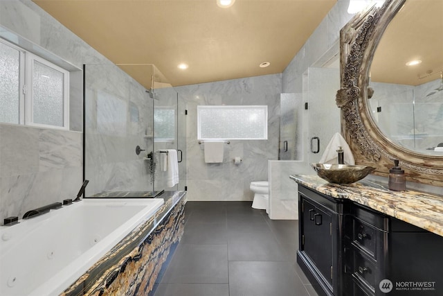 16121 Cedar Grove Rd SE, Issaquah, WA 98027 - full bath featuring vanity, a whirlpool tub, a stall shower, tile patterned floors, and tile walls