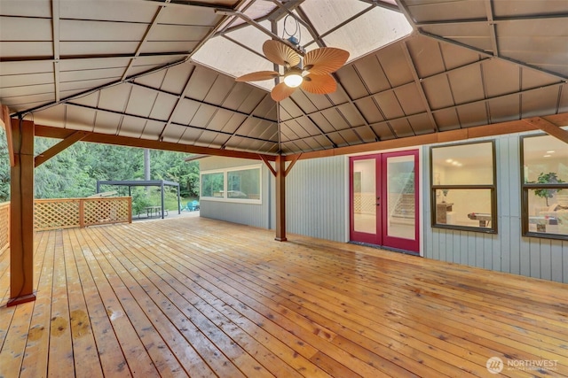 16121 Cedar Grove Rd SE, Issaquah, WA 98027 - wooden terrace with a gazebo, a ceiling fan, and french doors