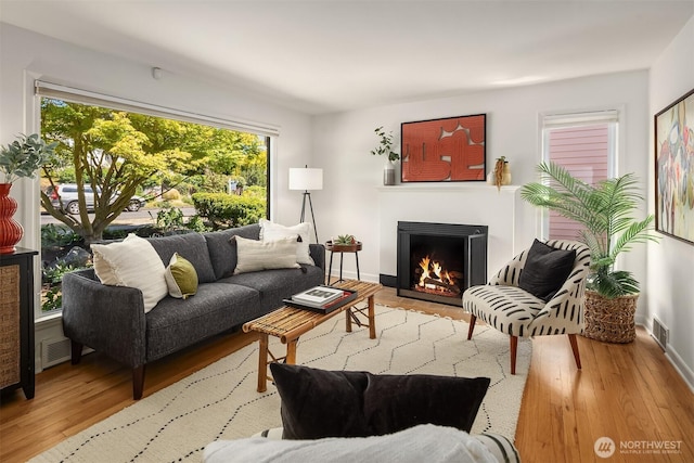 6045 36th Ave SW, Seattle, WA 98126 - living room with wood finished floors and a fireplace with flush hearth