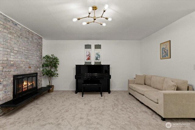 18020 SE 146th St, Renton, WA 98059 - living room with a chandelier, carpet flooring, and a fireplace