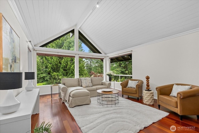 4505 144th Ave SE, Bellevue, WA 98006 - living room featuring plenty of natural light, hardwood / wood-style floors, lofted ceiling, and ornamental molding