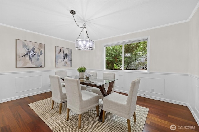 4505 144th Ave SE, Bellevue, WA 98006 - dining room with a chandelier, crown molding, wood finished floors, and a wainscoted wall
