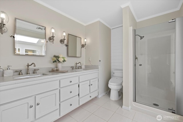 4505 144th Ave SE, Bellevue, WA 98006 - bathroom featuring crown molding, double vanity, tile patterned floors, and a shower stall