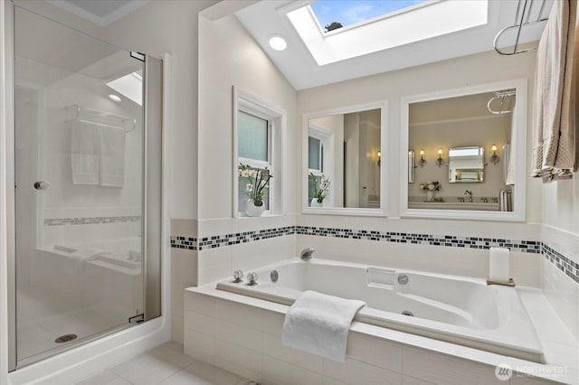 4505 144th Ave SE, Bellevue, WA 98006 - full bath with a skylight, a shower stall, a garden tub, and tile patterned floors