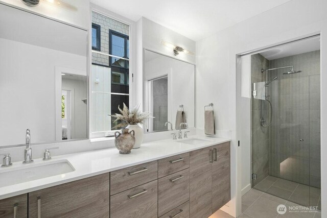 118B 2nd St S, Kirkland, WA 98033 - full bathroom with double vanity, a stall shower, and tile patterned floors