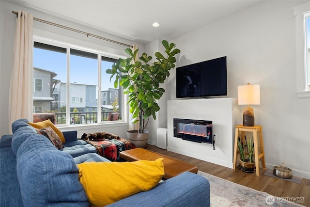 4243 Cameo Ln, Bellingham, WA 98226 - living area featuring wood finished floors, a glass covered fireplace, and recessed lighting