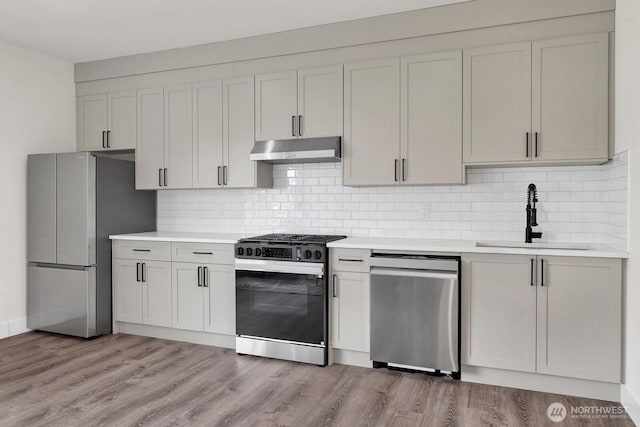 2768 W Wiser Lake Ct, Ferndale, WA 98248 - kitchen with appliances with stainless steel finishes, under cabinet range hood, light countertops, and decorative backsplash