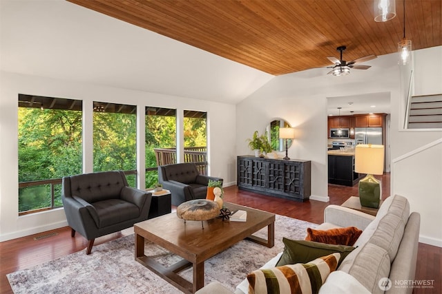 15400 230th Ave SE, Issaquah, WA 98027 - living area featuring lofted ceiling, ceiling fan, wooden ceiling, and dark wood finished floors