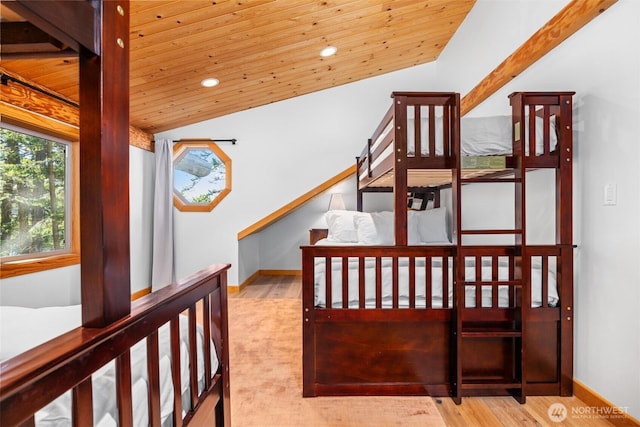 40 Driftwood Shrs, Henry Island, WA 98250 - staircase featuring lofted ceiling, wooden ceiling, recessed lighting, and wood finished floors