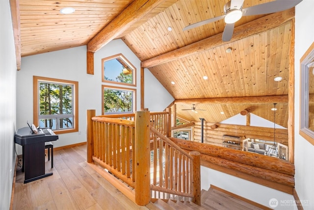 40 Driftwood Shrs, Henry Island, WA 98250 - hall featuring recessed lighting, a wood ceiling with exposed beams, hardwood / wood-style flooring, rustic walls, and an upstairs landing