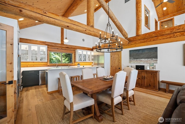 40 Driftwood Shrs, Henry Island, WA 98250 - dining space with light wood-style flooring, a chandelier, high vaulted ceiling, recessed lighting, and a wooden ceiling with exposed beams