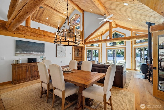 40 Driftwood Shrs, Henry Island, WA 98250 - dining space featuring a wood ceiling with exposed beams, high vaulted ceiling, light wood-type flooring, a ceiling fan, and a chandelier
