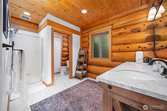 40 Driftwood Shrs, Henry Island, WA 98250 - bathroom with rustic walls, a shower stall, double vanity, recessed lighting, and wood ceiling