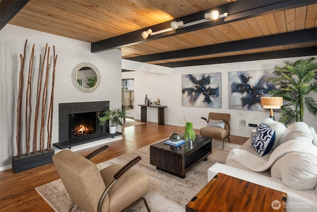 6602 35th St W, University Place, WA 98466 - living area featuring a wooden ceiling with exposed beams, a lit fireplace, and wood finished floors