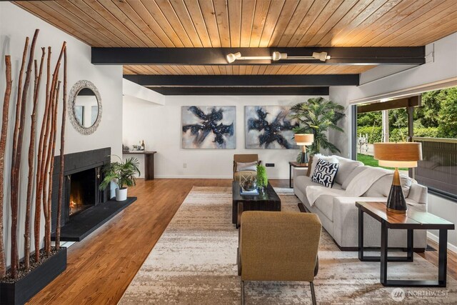 6602 35th St W, University Place, WA 98466 - living room featuring a wood ceiling with exposed beams, wood finished floors, and a lit fireplace