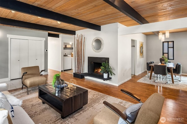 6602 35th St W, University Place, WA 98466 - living area with a wood ceiling with exposed beams, a warm lit fireplace, and wood finished floors