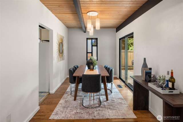 6602 35th St W, University Place, WA 98466 - dining room featuring a wooden ceiling with exposed beams and wood finished floors