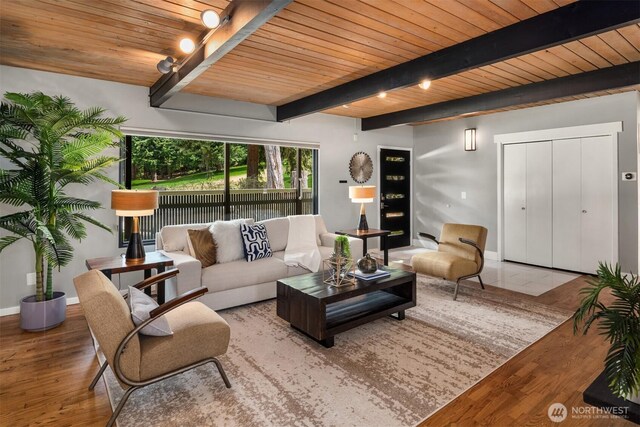 6602 35th St W, University Place, WA 98466 - living area with a wooden ceiling with exposed beams and wood finished floors