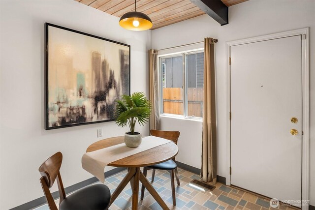 6602 35th St W, University Place, WA 98466 - dining room with a wood ceiling with exposed beams and baseboards