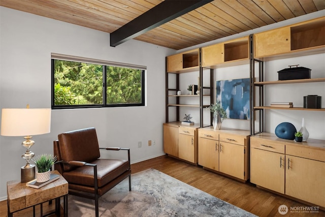 6602 35th St W, University Place, WA 98466 - sitting room with a wood ceiling with exposed beams and light wood-style floors