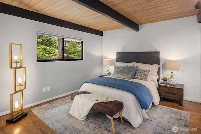 6602 35th St W, University Place, WA 98466 - bedroom featuring a wood ceiling with exposed beams and wood finished floors