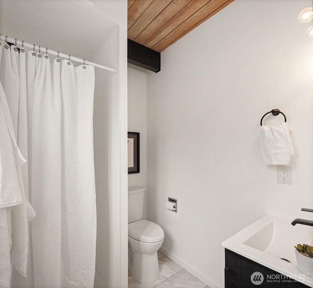6602 35th St W, University Place, WA 98466 - full bathroom featuring marble look tiles, wooden ceiling, vanity, and a shower with curtain