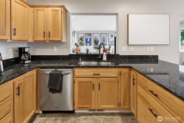 8419 Double Ditch Rd, Lynden, WA 98264 - kitchen featuring stainless steel dishwasher and dark stone counters