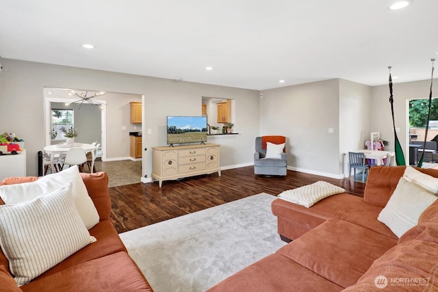 8419 Double Ditch Rd, Lynden, WA 98264 - living room featuring dark wood-type flooring, recessed lighting, and a chandelier