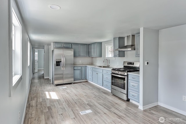 1942 Trigg Rd Unit 38, Ferndale, WA 98248 - kitchen featuring appliances with stainless steel finishes, wall chimney range hood, gray cabinetry, light wood-style flooring, and light countertops