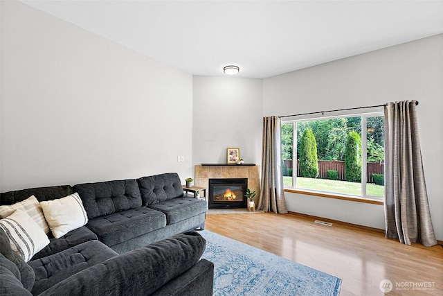 209 Groff Ave NW, Orting, WA 98360 - living room featuring light wood-style flooring and a tiled fireplace