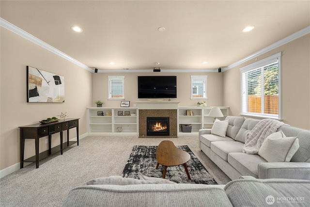 21230 SE 258th Pl, Maple Valley, WA 98038 - carpeted living room featuring ornamental molding, recessed lighting, and a fireplace with flush hearth