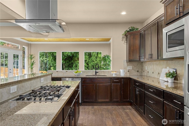 21230 SE 258th Pl, Maple Valley, WA 98038 - kitchen with appliances with stainless steel finishes, recessed lighting, dark wood-style flooring, exhaust hood, and backsplash