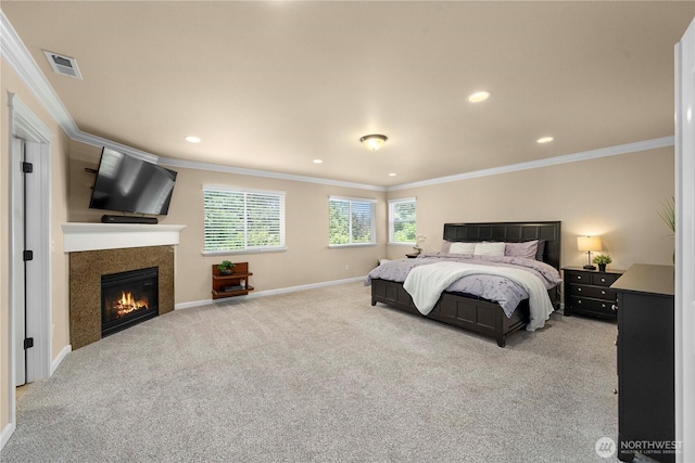 21230 SE 258th Pl, Maple Valley, WA 98038 - bedroom featuring a glass covered fireplace, crown molding, carpet flooring, and recessed lighting