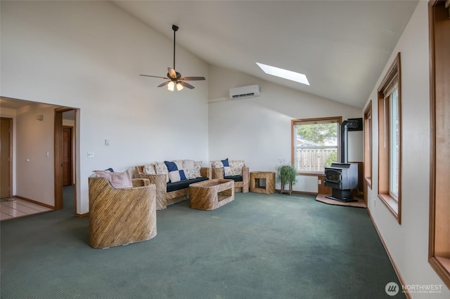 249 Burrows Rd, Hoquiam, WA 98550 - living area with a wood stove, an AC wall unit, ceiling fan, carpet floors, and high vaulted ceiling