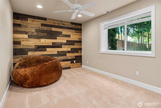 8003 113th Street Ct E, Puyallup, WA 98373 - living area with wooden walls, carpet flooring, recessed lighting, and ceiling fan