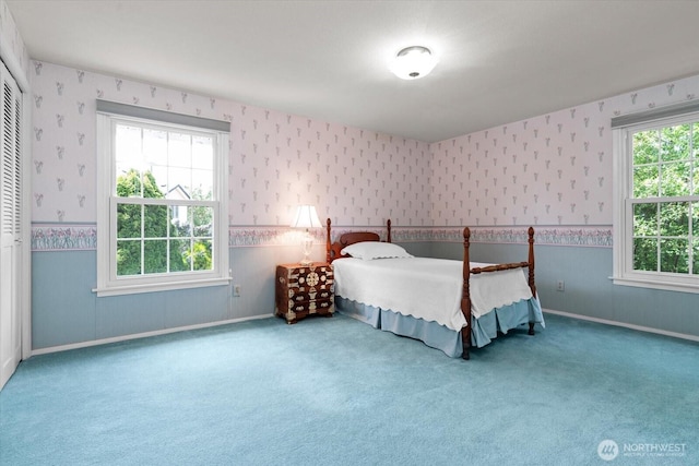 1175 SW Lopez Dr, Oak Harbor, WA 98277 - bedroom with wallpapered walls, wainscoting, carpet flooring, and multiple windows