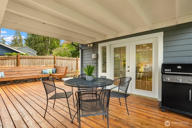 2441 NE 182nd St, Shoreline, WA 98155 - wooden terrace with grilling area, outdoor dining space, and french doors