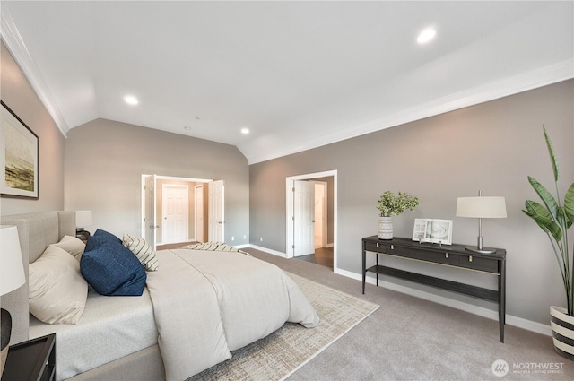 14329 SE 84th Ct, Newcastle, WA 98059 - bedroom featuring lofted ceiling, carpet flooring, recessed lighting, crown molding, and connected bathroom