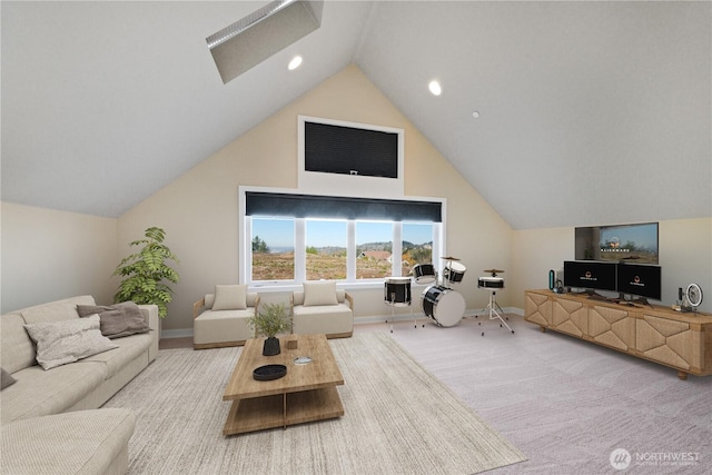 14329 SE 84th Ct, Newcastle, WA 98059 - carpeted living room with vaulted ceiling, a skylight, and recessed lighting