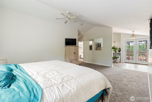 253 Kruger Rd Unit B, Onalaska, WA 98570 - bedroom featuring carpet flooring, vaulted ceiling, access to exterior, french doors, and a ceiling fan